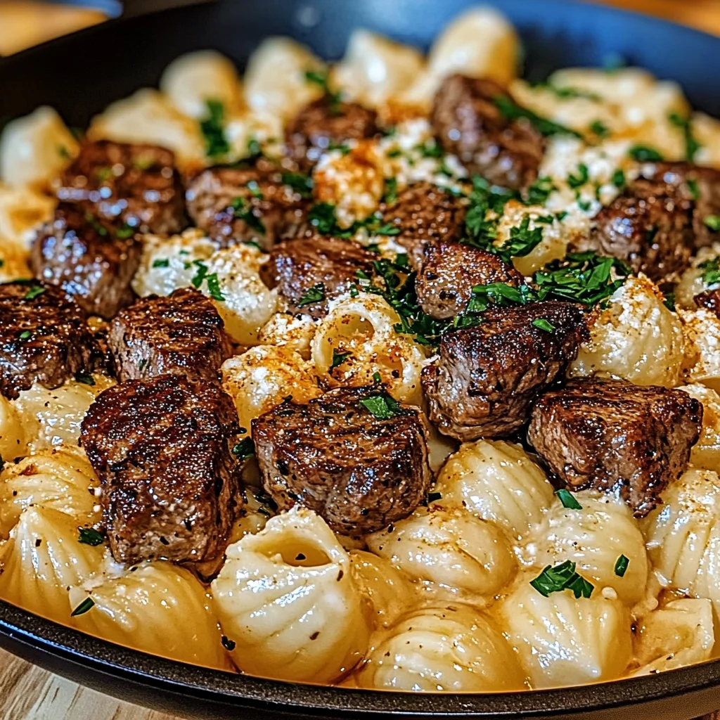Cajun Steak Bites and Cheesy Garlic Shells Skillet