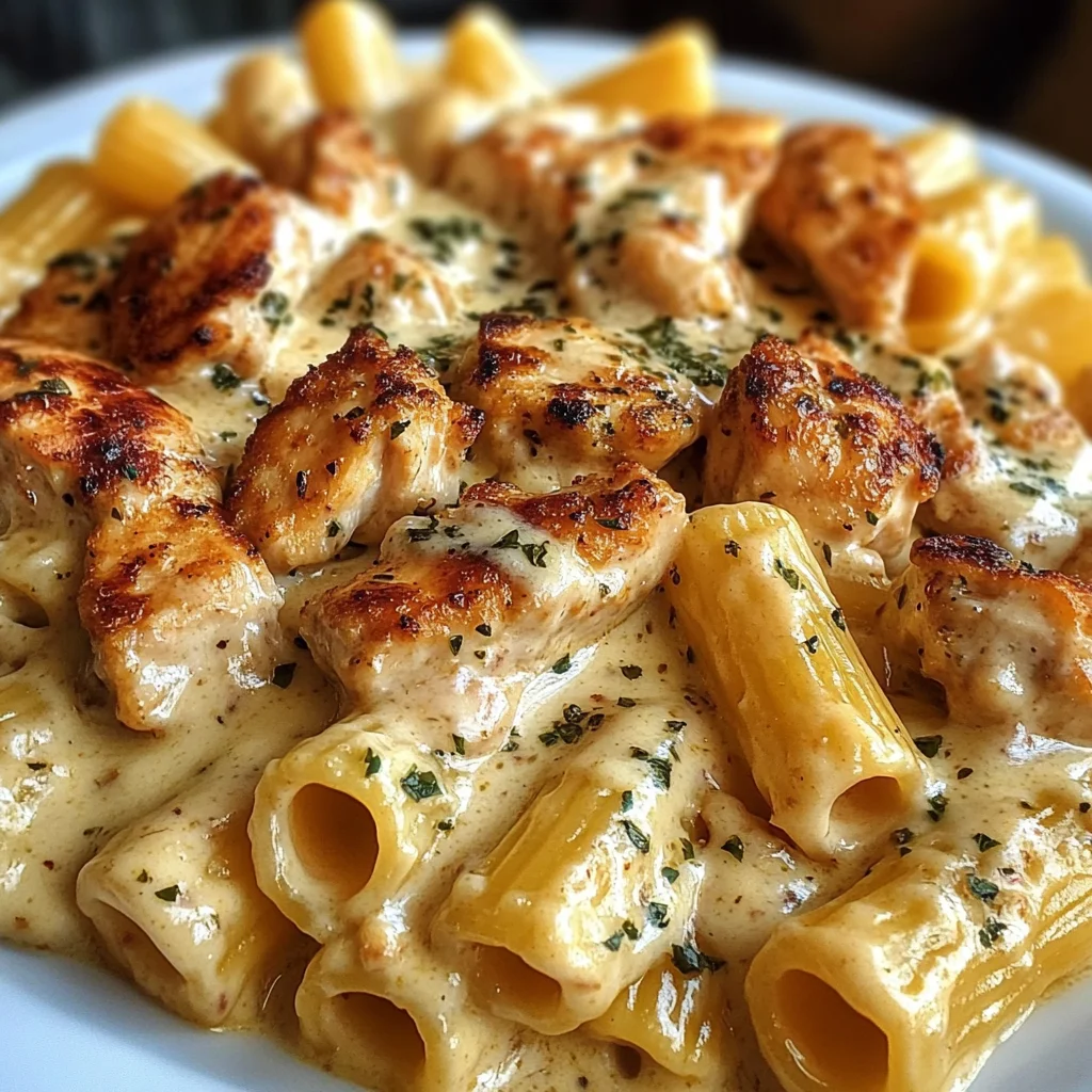 Garlic Chicken Rigatoni with Parmesan Cheddar Sauce