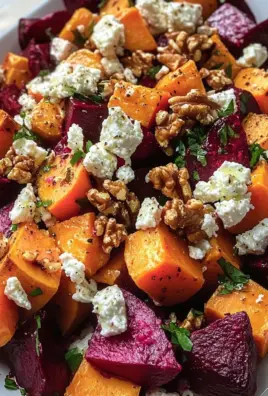 Roasted Beet and Sweet Potato Salad with Feta, Yogurt Dressing & Toasted Walnuts