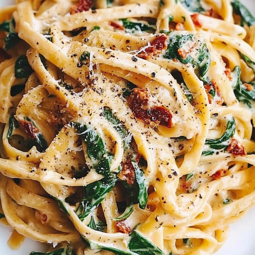 Linguine with spinach and sun-dried tomato cream sauce