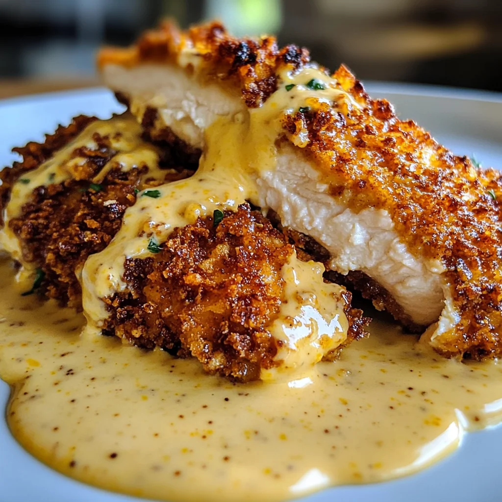 Savory Pretzel Chicken with Mustard-Cheddar Sauce Delight